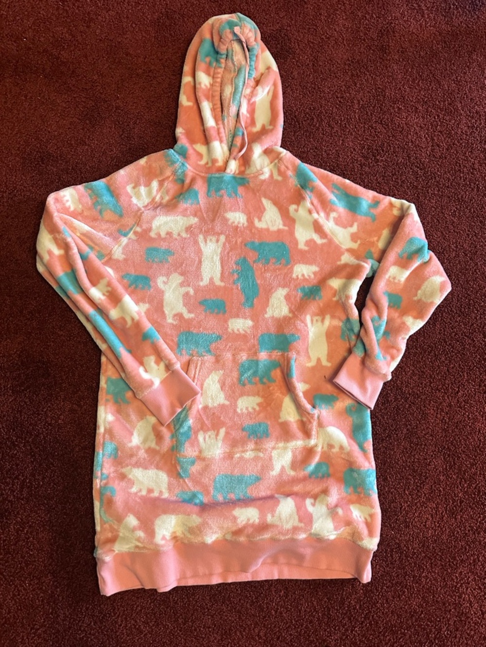 Cozy Pink Hooded Teddy-Print Pullover Dress